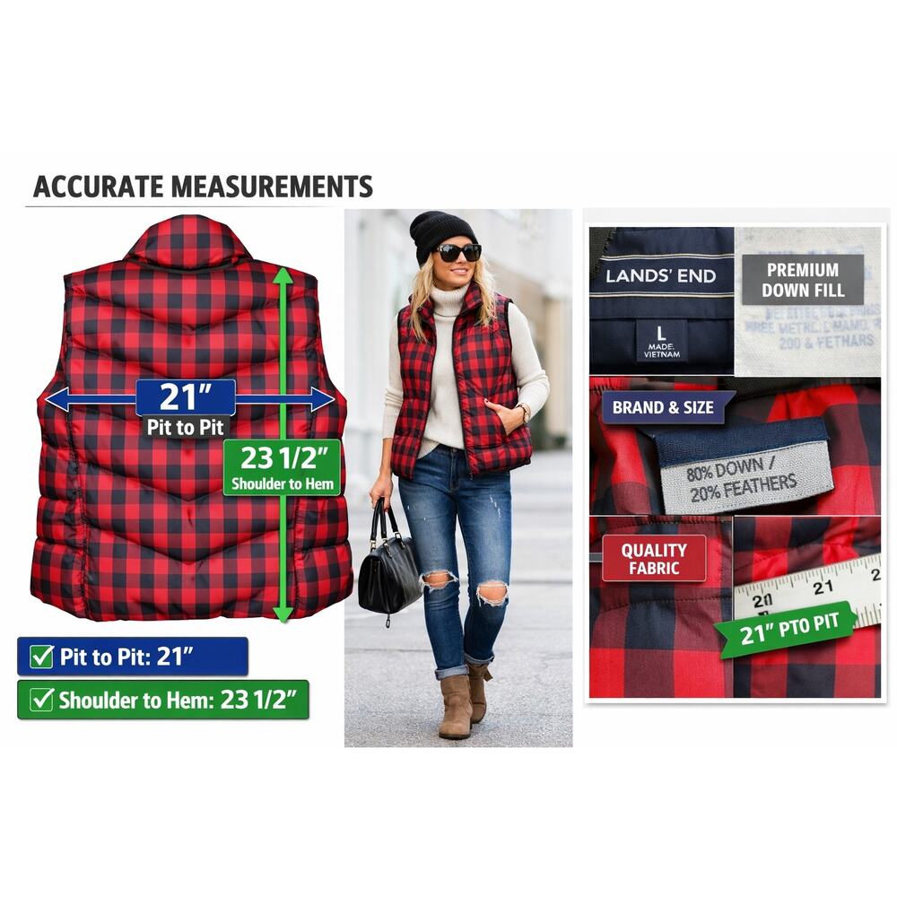 Lands’ End Large 14-16 Buffalo Plaid Down Puffer Vest Preppy Americana Cabincore
